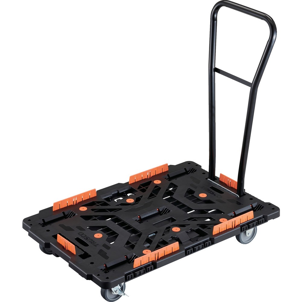 【製造会社直送T】 ＴＲＵＳＣＯ 繋ぎ合わせる式脂製平台車 ビートル ９００Ｘ６００ 自在３輪 内２輪ストッパー付 脱着式手持ち部分付 コボレ打ちきり書き割り付 BT900KJ3S2H-E100