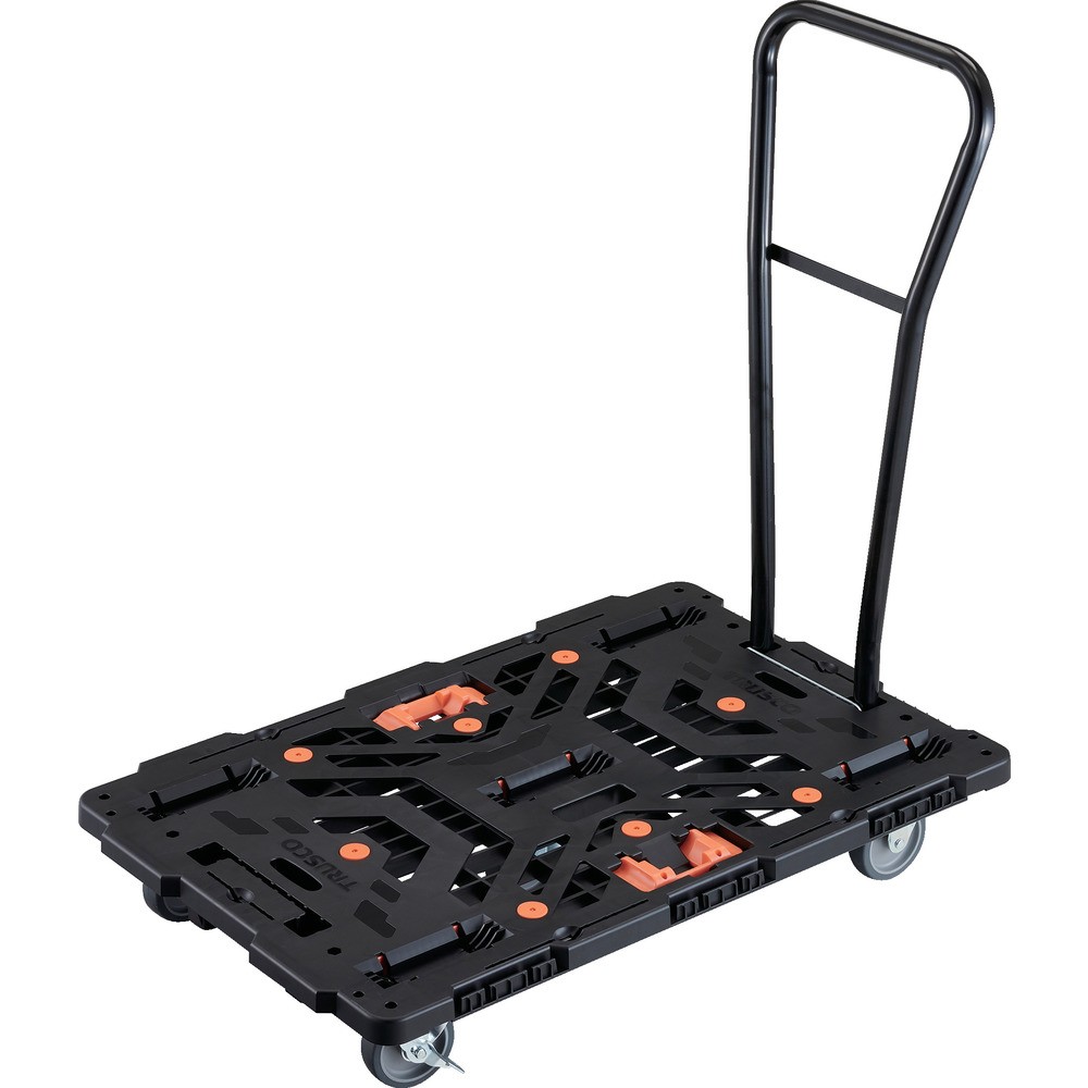 【製造会社直送T】 ＴＲＵＳＣＯ 繋ぎ合わせる式脂製平台車 ビートル ９００Ｘ６００ 自在３輪 内２輪ストッパー付 脱着式手持ち部分付 とめたろう付 BT900J3S2H-E100T