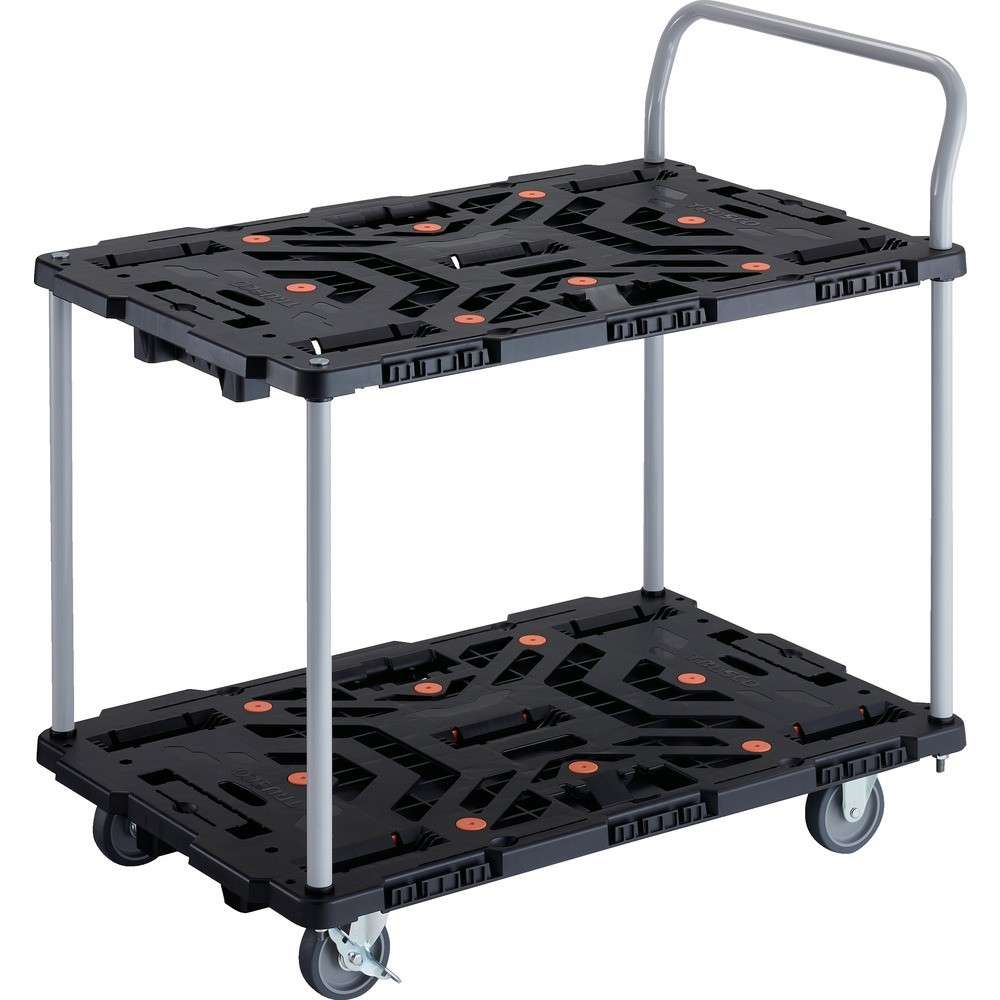 ＴＲＵＳＣＯ　連結式樹脂製２段台車　ビートル　９００Ｘ６００　自在３輪　内２輪ストッパー付　ハンドル付　BT924J3S2-E100｜ものづくり本舗 店