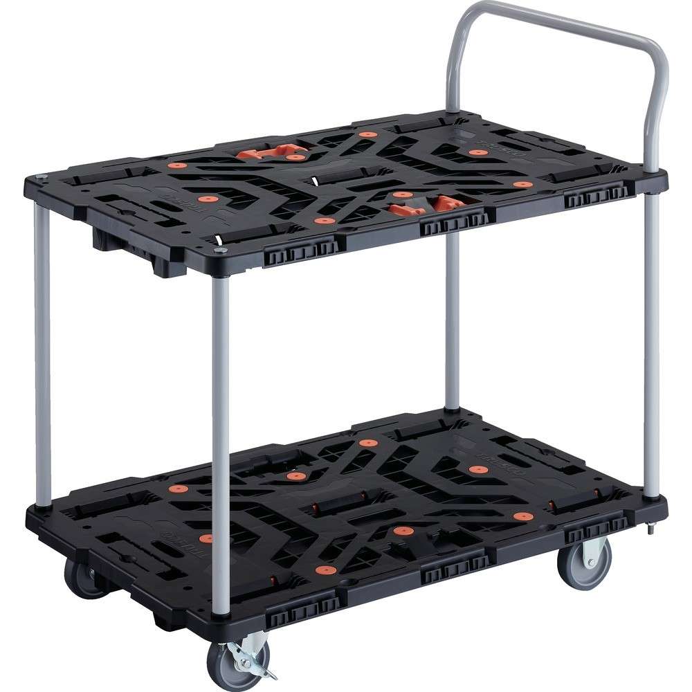 【製造業者直送T】 ＴＲＵＳＣＯ かかわり合い式脂製２段手押し車 ビートル ９００Ｘ６００ 自在３輪 内２輪ストッパー付 とめたろう 手持ち部分付 BT924J3S2-E100T