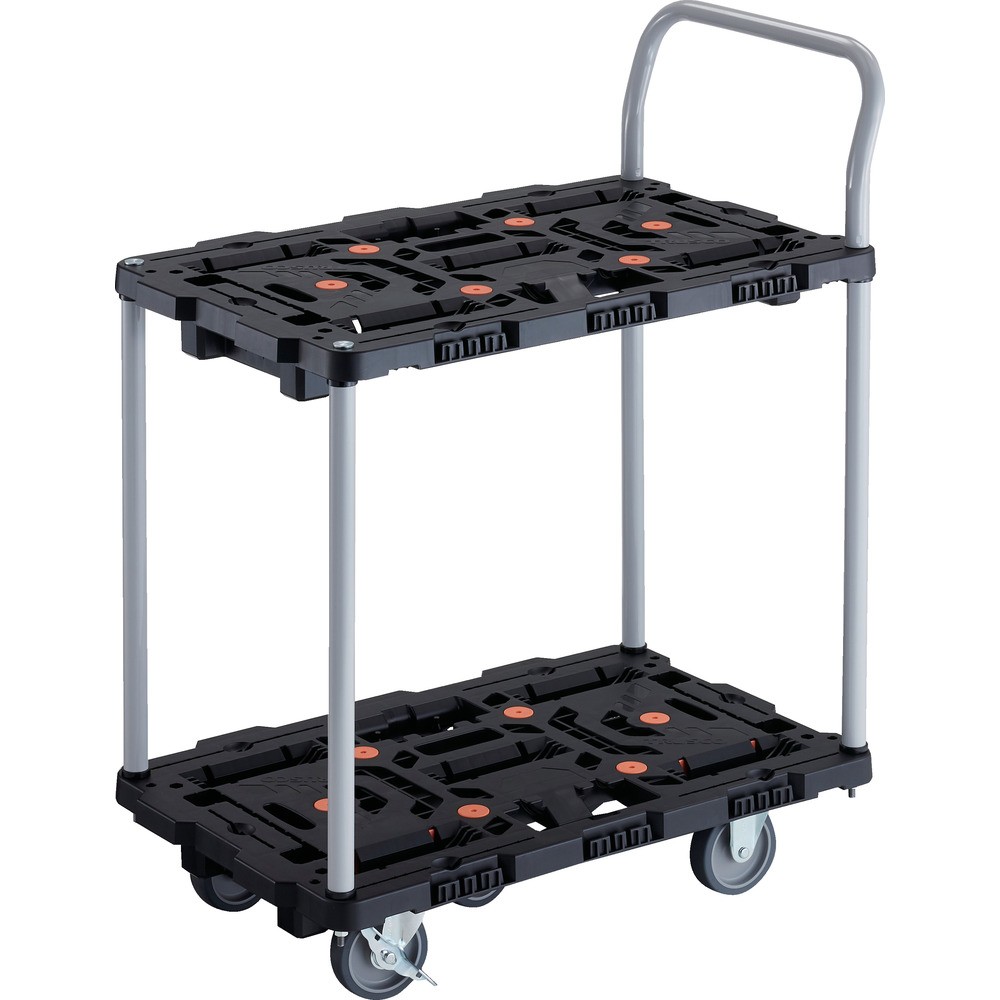 【製造会社直送T】 ＴＲＵＳＣＯ 繋ぎ合わせる式脂製２段手押し車 ビートル ７００Ｘ４５０ 自在３輪 内２輪ストッパー付 手持ち部分付 BT724J3S2-E100