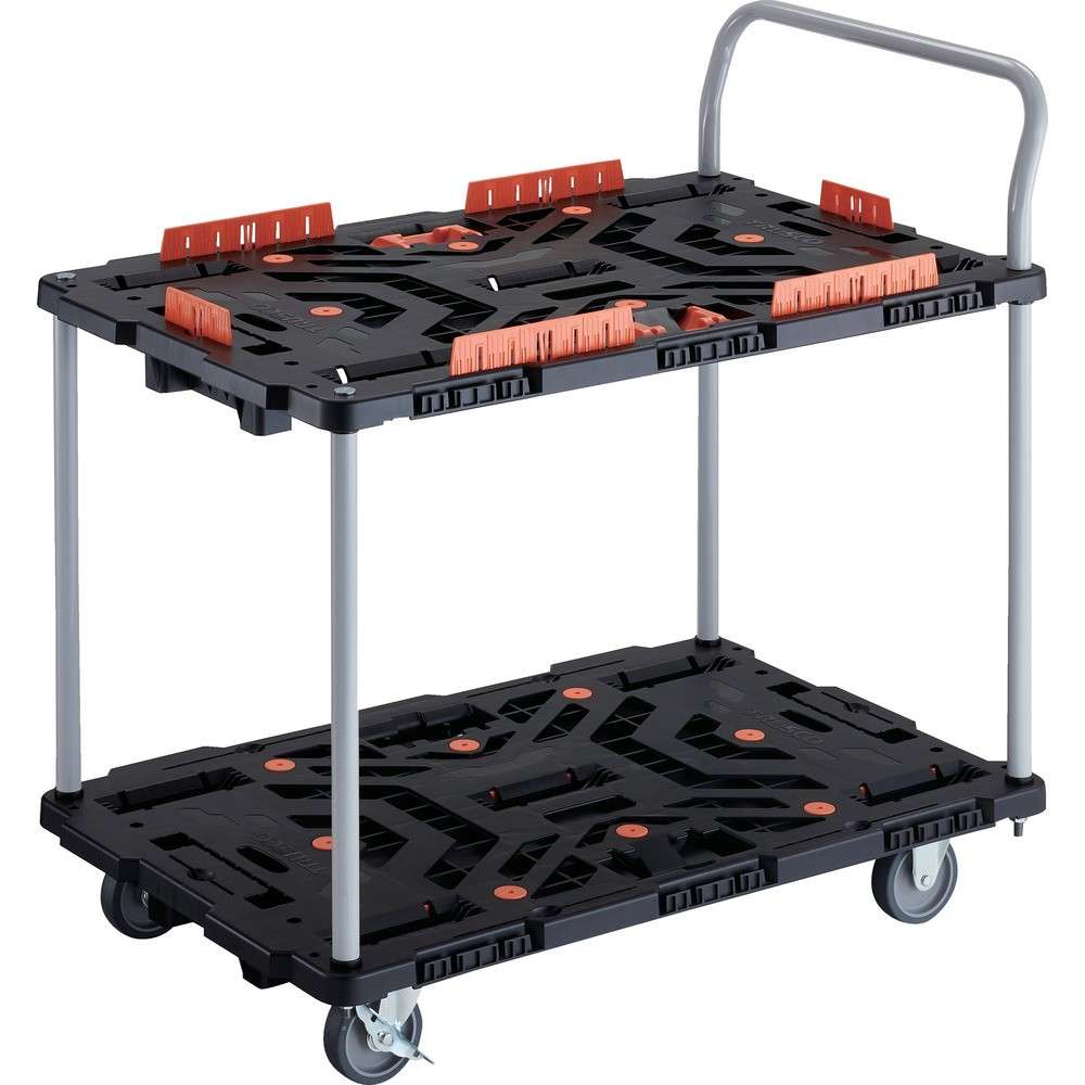 【製造会社直送T】 ＴＲＵＳＣＯ 繋ぎ合わせる式脂製２段手押し車 ビートル ９００Ｘ６００ 自在３輪 内２輪ストッパー付 コボレ打ちきり書き割り とめたろう 手持ち部分付 BT924KJ3S2-E100T
