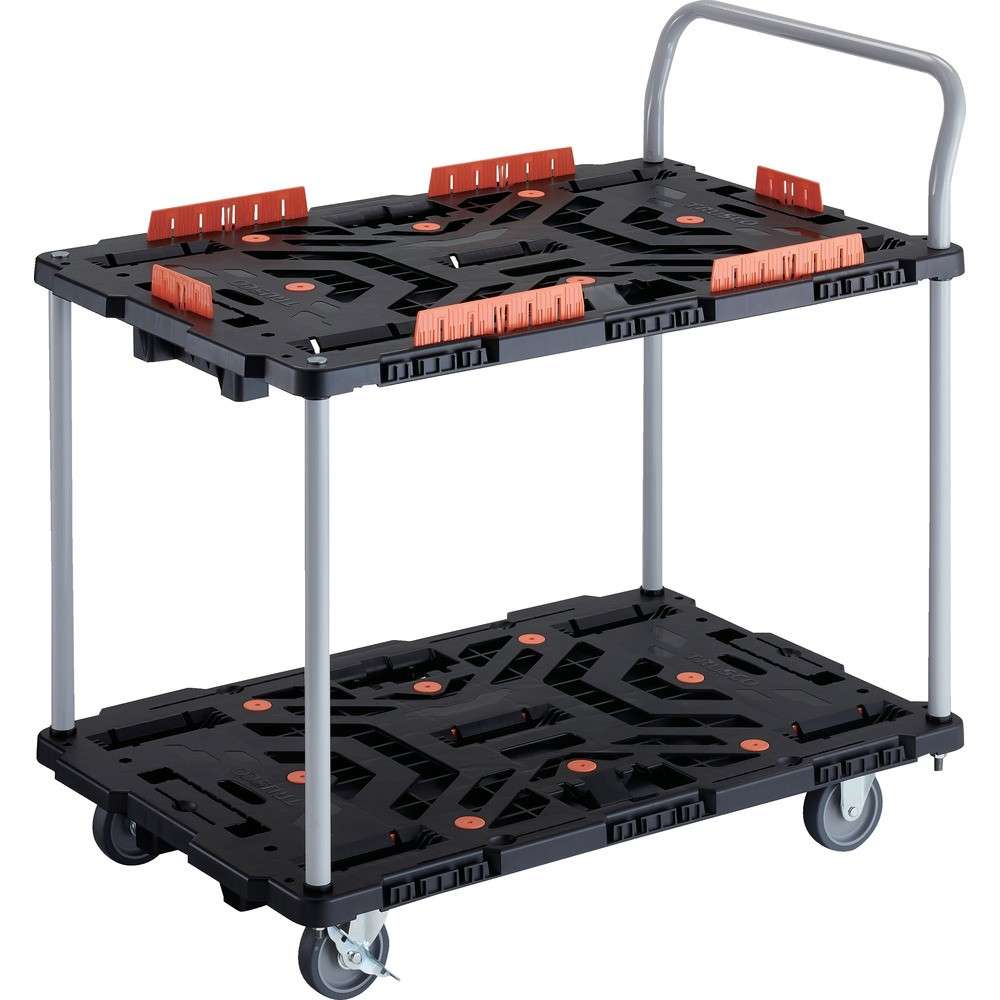 【製造業者直送T】 ＴＲＵＳＣＯ かかわり合い式脂製２段手押し車 ビートル ９００Ｘ６００ 自在３輪 内２輪ストッパー付 コボレ打ち切り仕掛ける 手持ち部分付 BT924KJ3S2-E100