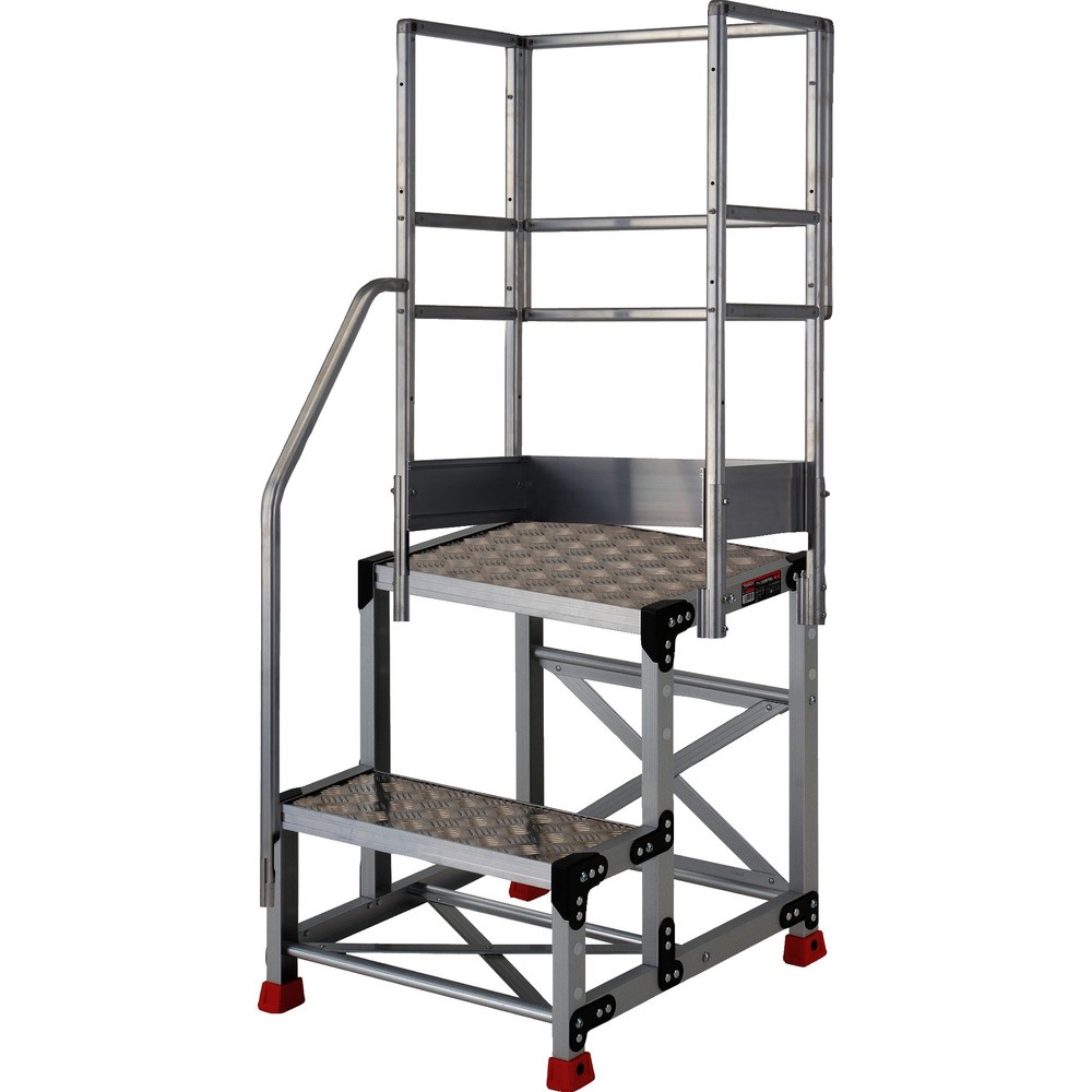 ＴＲＵＳＣＯ　アルミ製作業用踏台　縞板タイプ　２段　高さ０．７ｍ　天板寸法５００&times;４００　段高３５０ｍｍ　階段片手すり天場三方付き　TSFC-257-TKS350｜ものづくり本舗 店