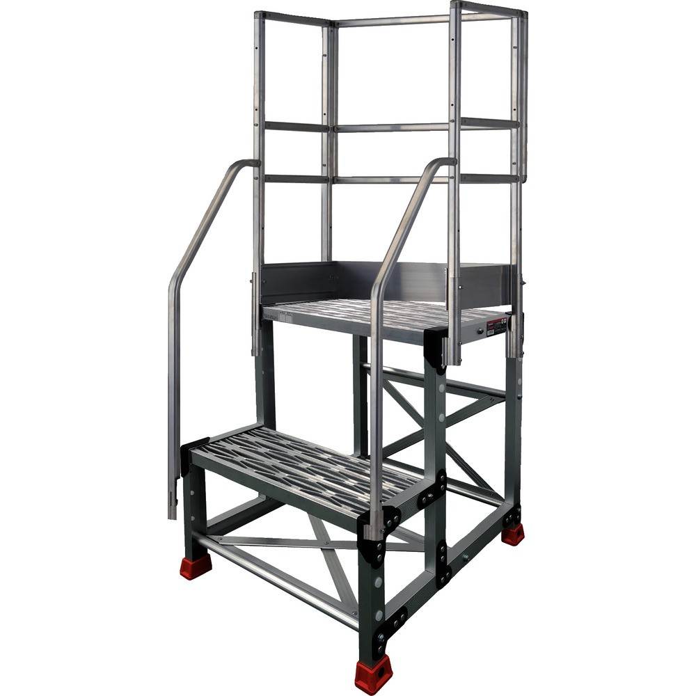 TRUSCO アルミ製作業用踏台 グレーチングタイプ 2段 高さ0.5m 天板寸法500×400 段高250mm フルセット手すり付き TSFGR-255-TF250|ものづくり本舗 店