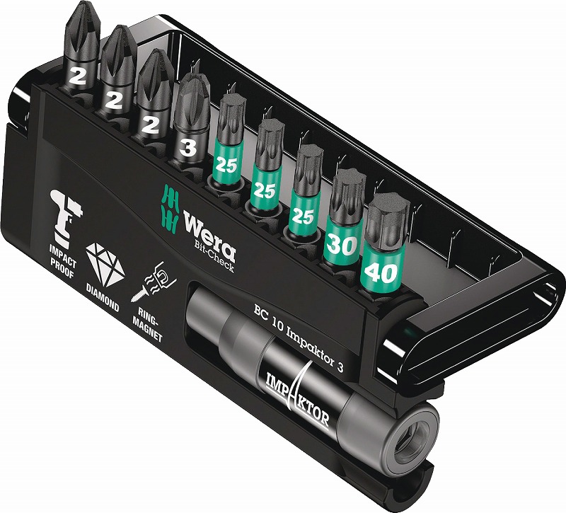 Wera 1/4インパクトドライバービットセット10点セット IMPAKTOR ダイヤモンド/コーティング Bit-Check10 IMPACTOR3 057683