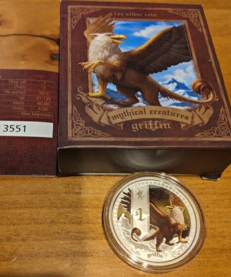 純銀コイン 「神話の動物 グリフィン」1オンス 純銀 銀貨  品位99.9％ 31.1ｇ 2013年 銀製品 シルバーコイン 純銀メダル 記念コイン サモア 箱付 証明書付