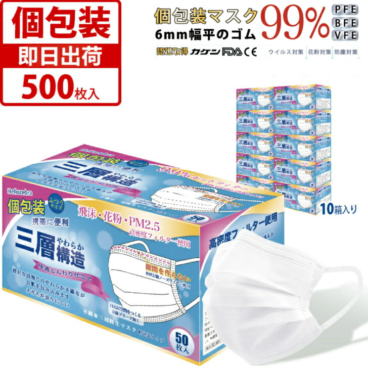 個包装 不織布マスク 耳にやさしい 500枚(50枚×10箱) 6mm幅の平ゴムで快適 99%カットフィルタ―採用 国内検査クリア 安定の品質 即納 使い捨て やわらかい使用感 カケン検査済 三層構造 即日発送 立体 美シルエット