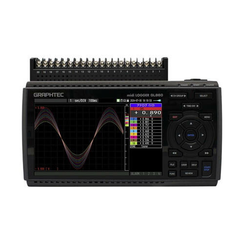 資料ロガー本体と20chねじ釘端子の書き割り GL860／B-563