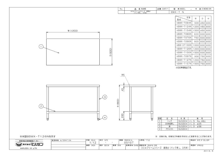 BWX-T127N SUS304 マルゼン 作業台三方枠 BGなし キッチン | www