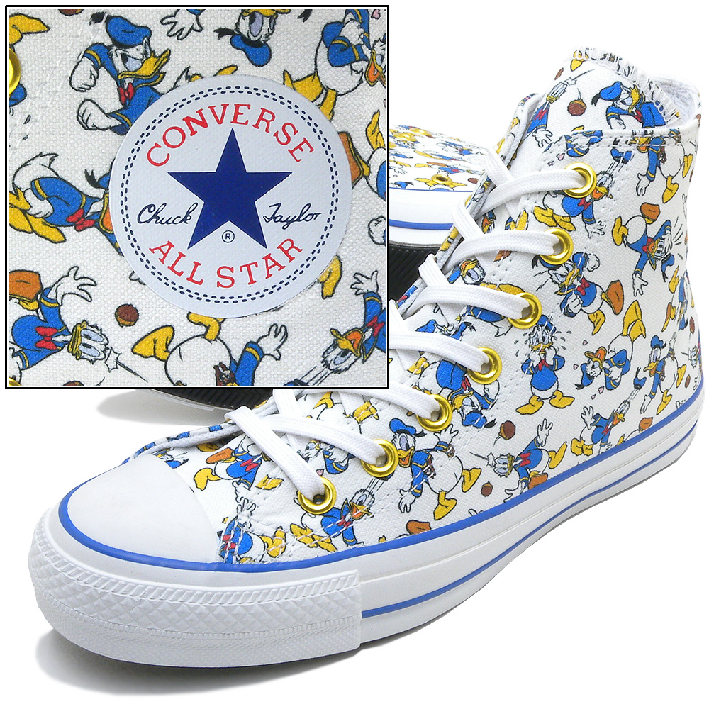 楽天市場 コンバース オールスター ドナルドダック コラボ モデル All Star 100 Donald Duck Pt Hi ディズニー コラボ プリント ハイカット ホワイト ユニセックス 100周年 限定商品 Tsale Pssale Pro Shooter プロシューター