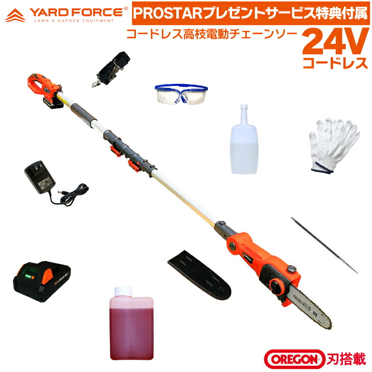 【即日発送】 安心の日本製オイル・OREGONヤスリ特典サービス付 YARD FORCE 24V2.0Ahリチウム(残量ケージ付) コードレス高枝電動チェーンソー LSC17-JP ( 高枝 ポールチェーンソー 24V充電式) OREGON 刃 【PROSTARサービス特典品付属】 YARDFORCE ヤードフォース｜PROSTAR通販　店