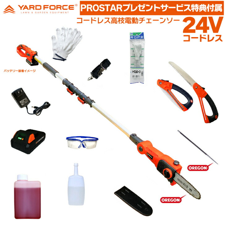 【便利な特典付属セット付】 YARD FORCE 24Vコードレス 高枝電動チェーンソー LSC17-JP OREGON 刃搭載 ＋【保護メガネ(切かす対策)・軍手・日本製チェーンソーオイル・ OREGON 純正丸ヤスリ・ノコギリ・結束ロープ付】 YARDFORCE ヤードフォース 【PROSTAR/Pack】｜PROSTAR通販　店