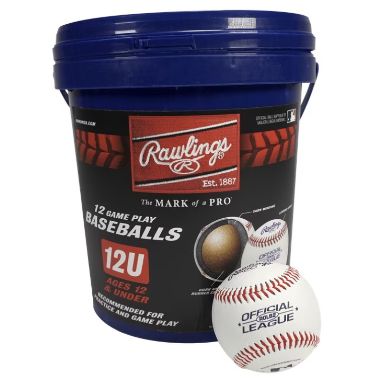 ローリングス ROLB2 12U オフィシャルリーグ ユース 練習用 野球ボール バケツ入り 12球 フルグレインレザー Rawlings ROLB2 12U Official League Youth Practice Baseball Bucket, 12 Count 【お取り寄せ商品】｜プロテインUSA