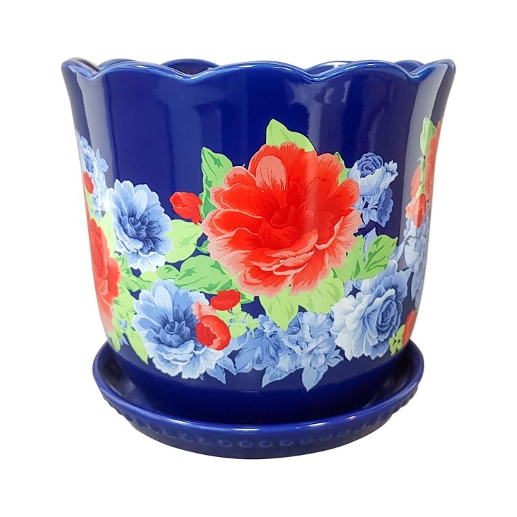 【ウォルマートブランド】パイオニアウーマン プランター ストーンウェア 20cm The Pioneer Woman Heritage Floral Planter, 8 inch, Stoneware 【お取り寄せ商品】
