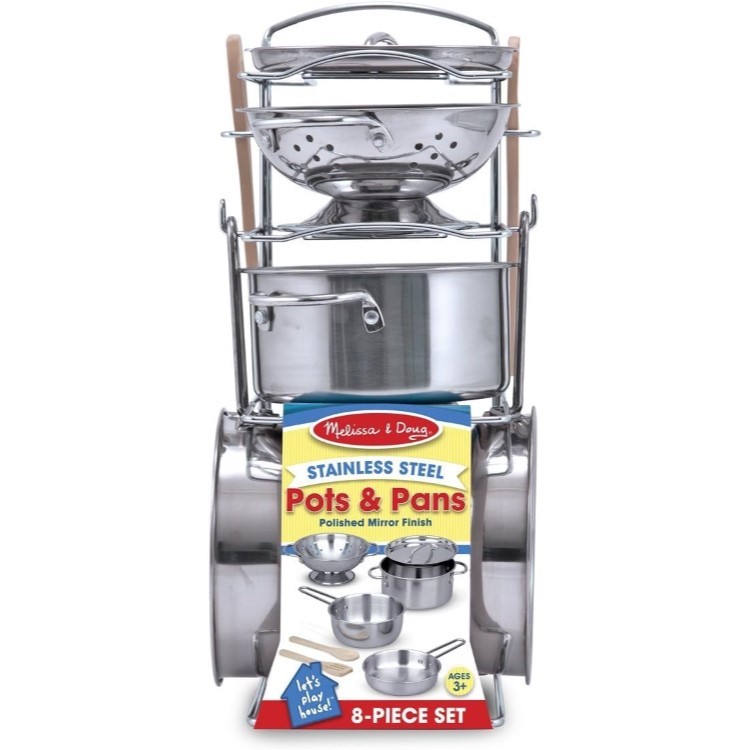 メリッサ＆ダグ ステンレススチール製鍋とフライパン 子供用ごっこ遊びキッチンセット (8 個) Melissa & Doug Stainless Steel Pots and Pans Pretend Play Kitchen Set for Kids (8 pcs)【お取り寄せ商品】【合わせて買いたい】