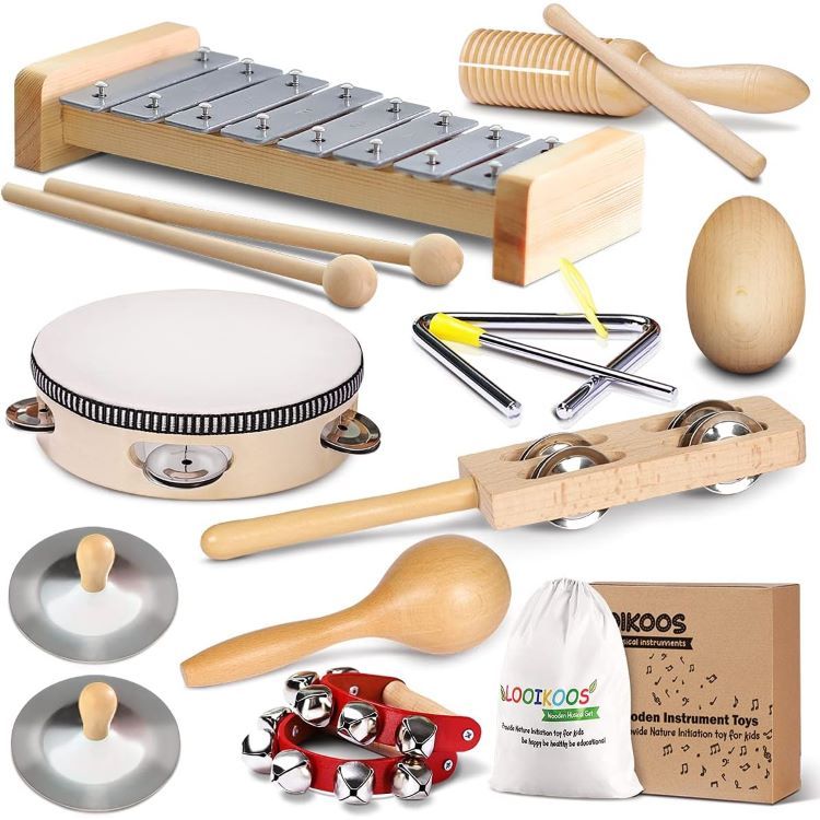 LOOIKOOS 子供用用楽器 天然木製楽器セット 収納バッグ付き LOOIKOOS Toddler Musical Instruments International Natural Wooden Music Set with Storage Bag【お取り寄せ商品】【合わせて買いたい】