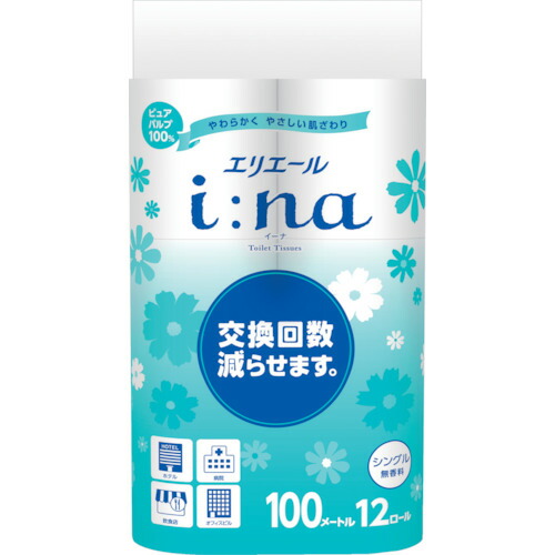 エリエール イーナ トイレットティシュー シングル 100m 12R*6パック 無香料 i：na (21000440／21001138) 21001138
