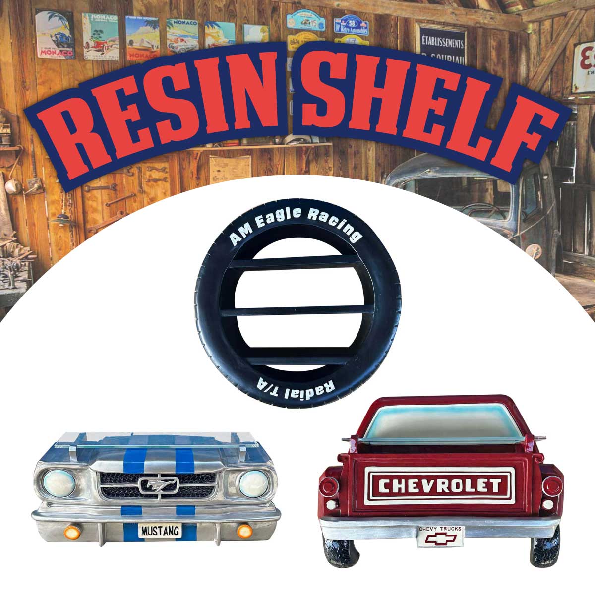 【カーシェルフ】 ヴィンテージ クラシック CAR SHELF タイヤ レジン 壁掛け 棚 小物置き インテリア アメリカン ダイナー 家具 アメ車 可愛い おしゃれ ガレージ カフェ 玄関 リビング キッチン バー マッスルカー ピックアップ トラック シボレー マスタング ミニカー 収納｜プラウドワークス　店