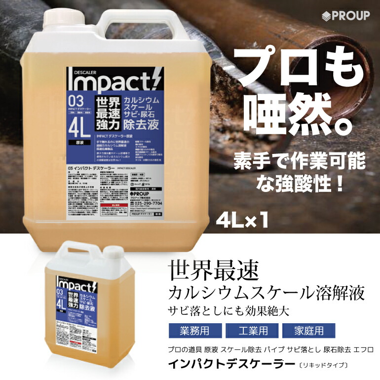 超強力 カルシウム スケール サビ落とし トイレ 4l 除去剤インパクトデスケーラー パイプクリーナー 配管 エフロ溶解 パイプ スケール除去 トイレ掃除 尿石落し 業務用 尿石取り 原液 熱交換器 カルキ除去剤 強酸性 サビ取り クリーン 尿石