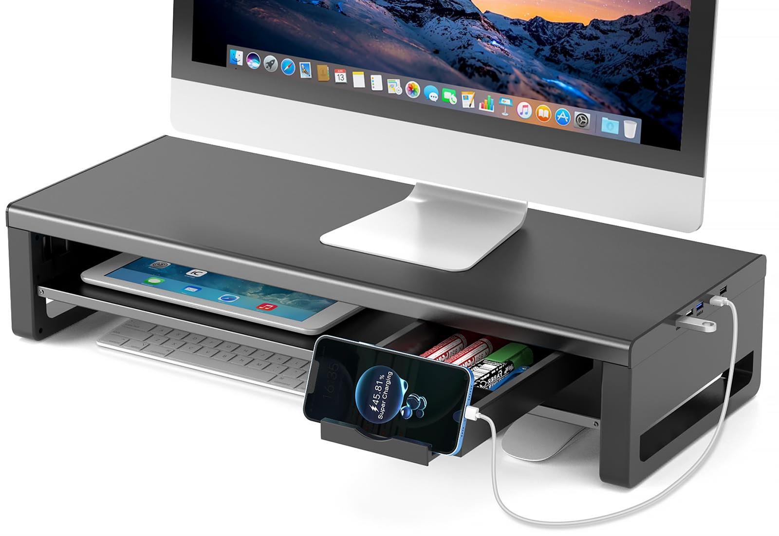 EAYHM モニター台 USB2.0/3.0データ転送付き 机上台 USB/TYPE-C充電付き モニタースタンド 引き出しとスマホホルダー付き 二段式 パソコン 台 ノートパソコン/プリンター/iMac/タブレットパソコンに適用 耐荷重25kg