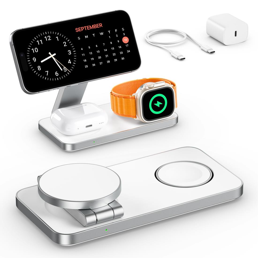 KEEPRO 充電器 3in1 折り畳み式 Magsafe充電器 15W急速充電 同時に3つのデバイス充電 15W/10W/7.5W マルチ充電スタンド マグセーフ充電器 マグネット式 iPhone/Apple Watch/Airpodsに対応 無線充電器 出張、旅行用 携帯充電器【20W PD3.0アダプター付属】ホワイト