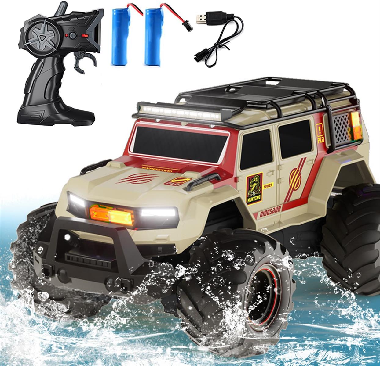 水陸両用 ラジコン 2.4GHz 大型32cm ラジコンカー 人気 4WD オフロードカー 防水 ライト&サウンド 充電池2個付属 大人子供 おもちゃ 全地形対応 特技スタント 360°回転 パトカー ブルー イエロー 3バリエーション 技適認証済み クリスマス 誕生日 プレゼント (イエロー)