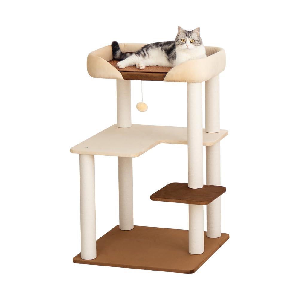 新品　キャットタワー　据え置き型キャットタワー　猫用品　ベージュ　大型　据え置き Amazon | PURLOVE キャットタワー 猫タワー ネコタワー 多頭飼い