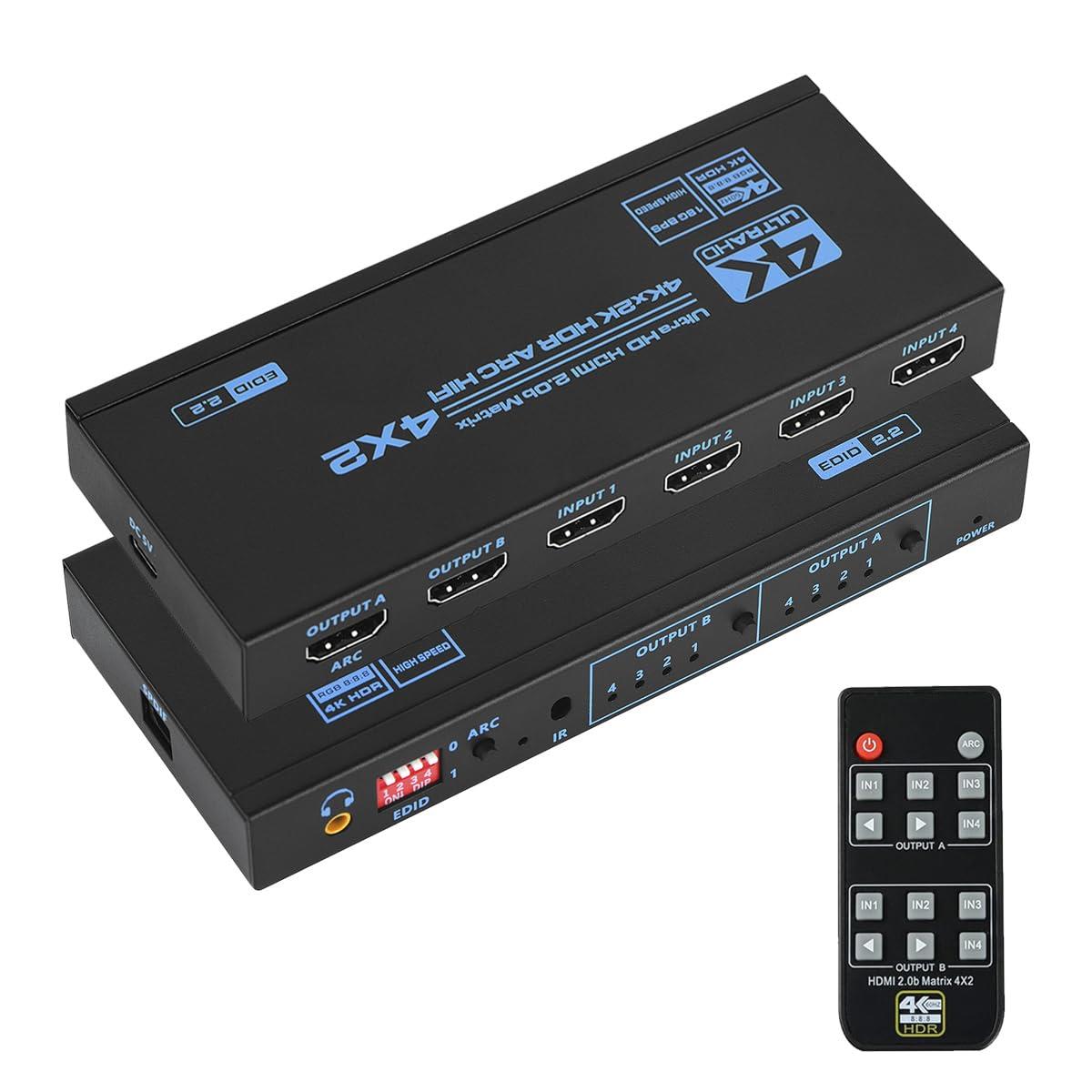 HDMIマトリックス 4x2 HDMIマトリックス セレクター 4入力2出力 HDMIマトリックス HDMI 2.0b、HDCP 2.2、HDR10、4K @ 60Hz、EDID2.2、Ultra HD、3D、ARC HIFI対応 IRリモコン付き画像