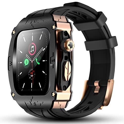 御前上等金属元素入れもの Apple Watch 9 8 7 45粍 6 SE 44粍ダンス楽隊 押しかぶせる付き添い人 高耐久 手ごわいな入れもの シリコンストラップ 成人男性 用 iWatch 6 5 4 SE 44粍盛りだくさん保護すること押しかぶせる (黒いこと - サクラ色ゴールド)