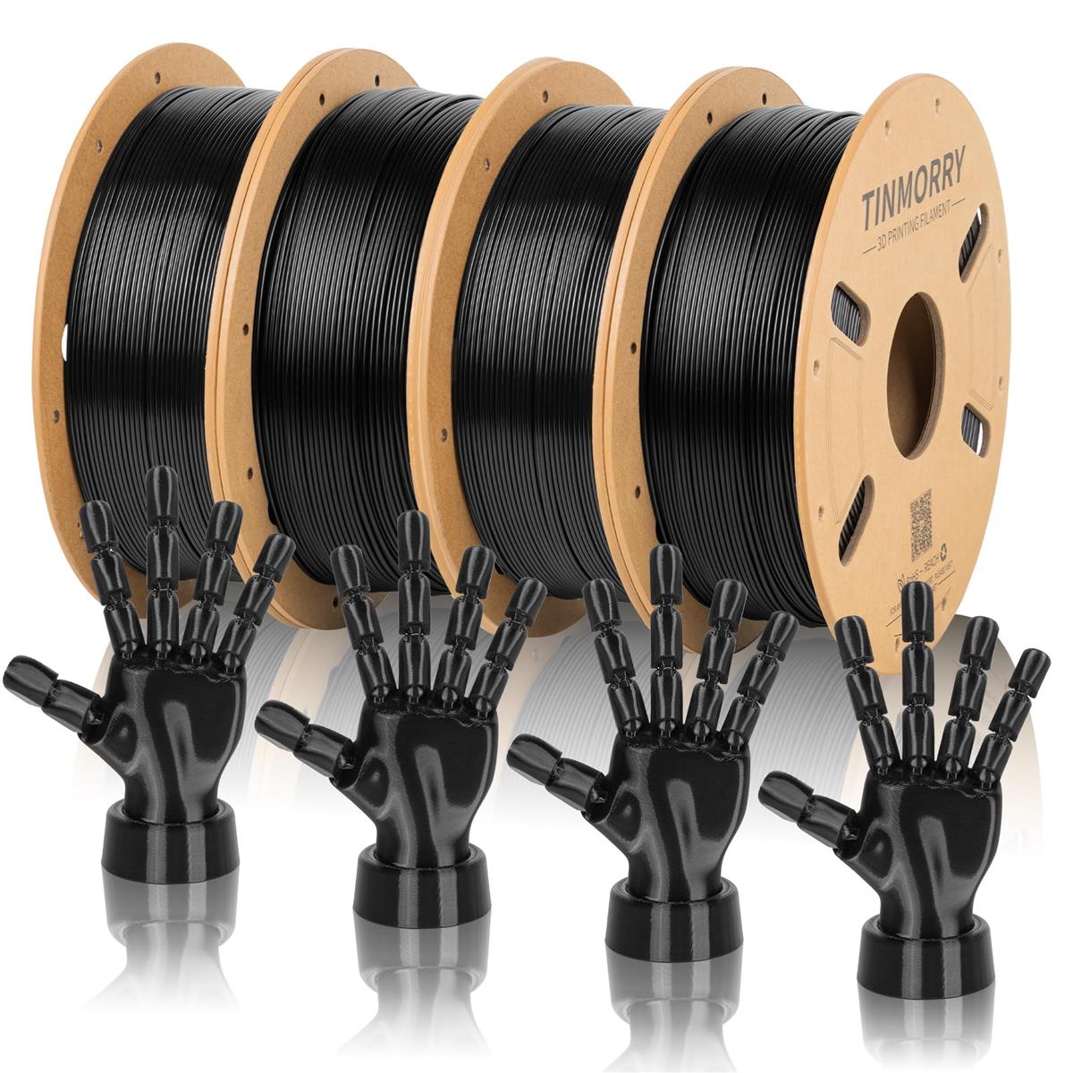 フィラメント PETG 1.75mm,【TINMORRY】300mm/s 高速 PETG 3Dプリンター用フィラメント 1.75mm 1Kg ブラック, Bambu Lab FDM 3DプリンターおよびAMSと100％互換性があります (3D Printer Filament Black)、1 KG X 4 スプール、セット
