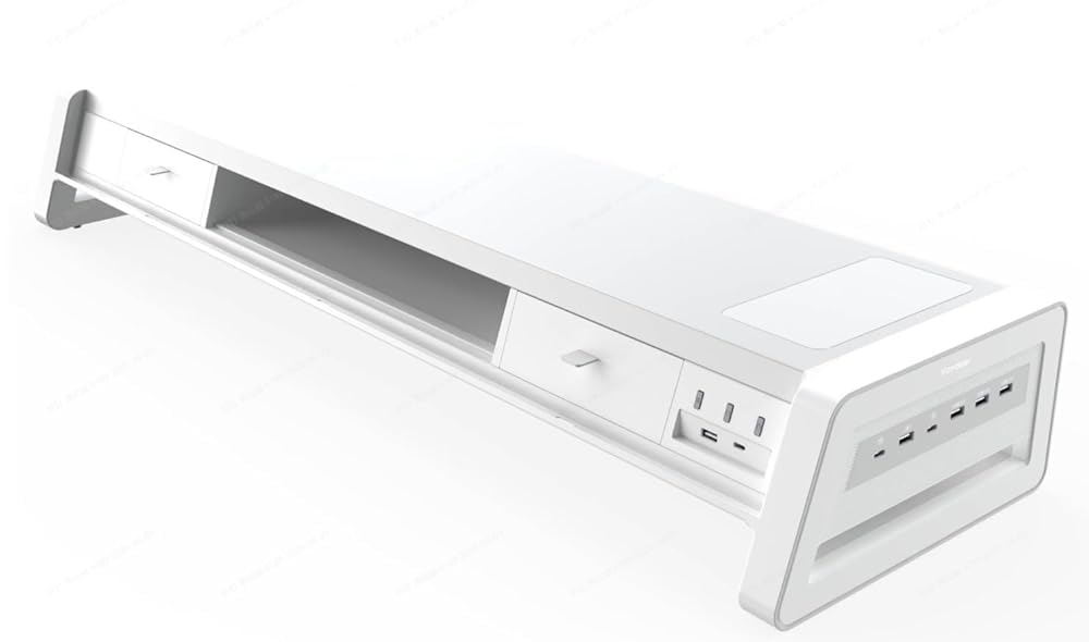 VAYDEER 金属元素製デュアルモニタースタンド 申し受ける役立つこと付き添い人 管する台 8つのUSB界面、2つの引き出し、LED点火装置ストリップショー付き添い人 机上台 2管する用 デスクオーガナイザー パソコンおよびiMac相応う（白）