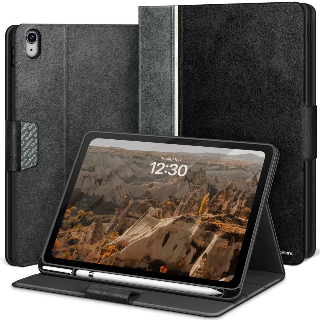 KingBlanc iPad 10世代 ケース 10.9インチ 2022モデルン 手帳型 ペン収納 高級PUレザー製 オートスリープ 絵描き角度 ペンホルダー付き スタンド機能 キズ防止 全面保護 アイパッド 第10世代 保護カバー, ブラック