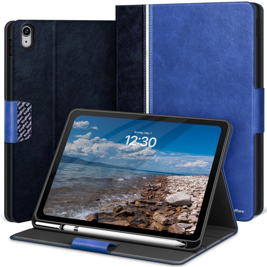 KingBlanc iPad 10世代 ケース 10.9インチ 2022モデルン 手帳型 ペン収納 高級PUレザー製 オートスリープ 絵描き角度 ペンホルダー付き スタンド機能 キズ防止 全面保護 アイパッド 第10世代 保護カバー, ブルー