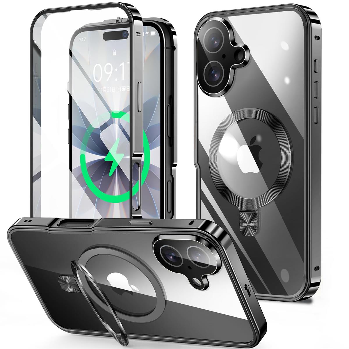 HGUTREY【スタンド機能付き・アクションボタン】 iPhone17 用 ケース クリア 【ロック付き】【CDリング・MagSafe対応】 9H強化ガラス PC背面 一体型レンズ保護 アイフォン17 ケース 両面 ストラップホール付き アルミバンパー メタルフ レーム 耐衝撃 高感度タッチ ワイヤ レ