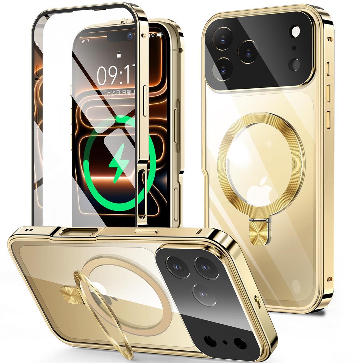 HGUTREY【スタンド機能付き・アクションボタン】 iPhone17 Pro 用 ケース クリア 【ロック付き】【CDリング・MagSafe対応】 9H強化ガラス PC背面 一体型レンズ保護 アイフォン17プロ カバー 両面 ストラップホール付き アルミバンパー メタルフ レーム 耐衝撃 高感度タッチ