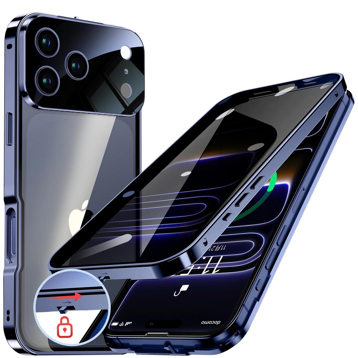 HGUTREY【覗き見防止・自動ポップアップボタン】iPhone17 Pro Max 用 ケース ロック付き ストラップホール付き 一体型レンズ保護 両面9H強化ガラス iPhone17プロマックスケース 耐衝撃 アルミバンパー メタルフ レーム スマホケース 薄型 背面クリア 高感度タッチ 軽量 ワイ