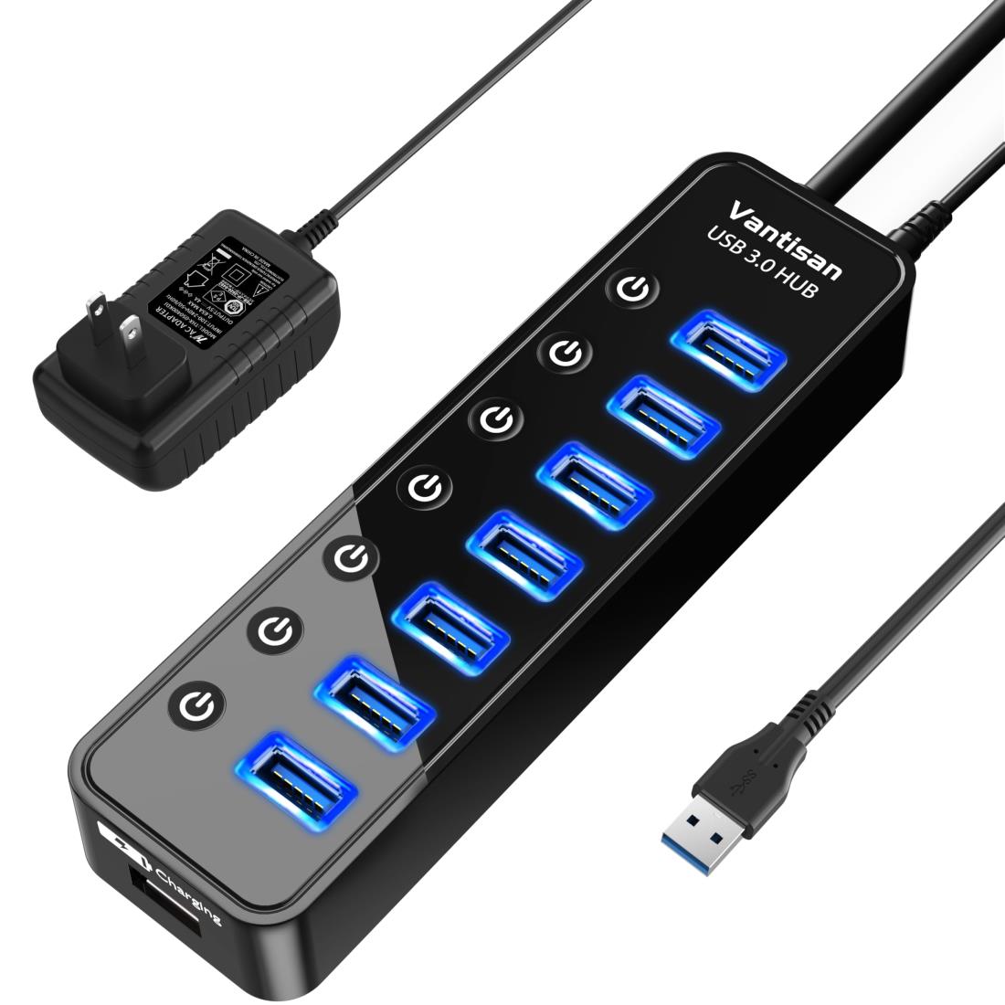 vantisan USBハブ 電源付き USB 3.0 Hub 高速USB HUB 7ポートの 拡張+ 1充電ポート USB拡張 セルフパワー/バスパワー 独立スイッチ付 5V/4A ACアダプタ付きWindows 10, 8.1, 8, 7, Vista, XP, Mac OS X 10.以上,LinuxのOSに対応