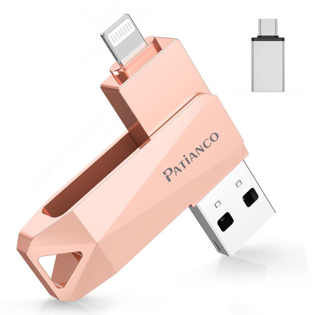 Patianco【MFi認証品 セキュリティ機能付】iPhone用 USBメモリ 256GB 3in1 データ移行 usb lightning/USB/Type-C搭載 高速 スマホ 写真データ バックアップ 大容量 iPhone/iPad/PC/Android/Mac対応 写真・動画保存 スマホ容量不足解消 回転式 iPhone 15/14/13/SE/iPad Air/Pr