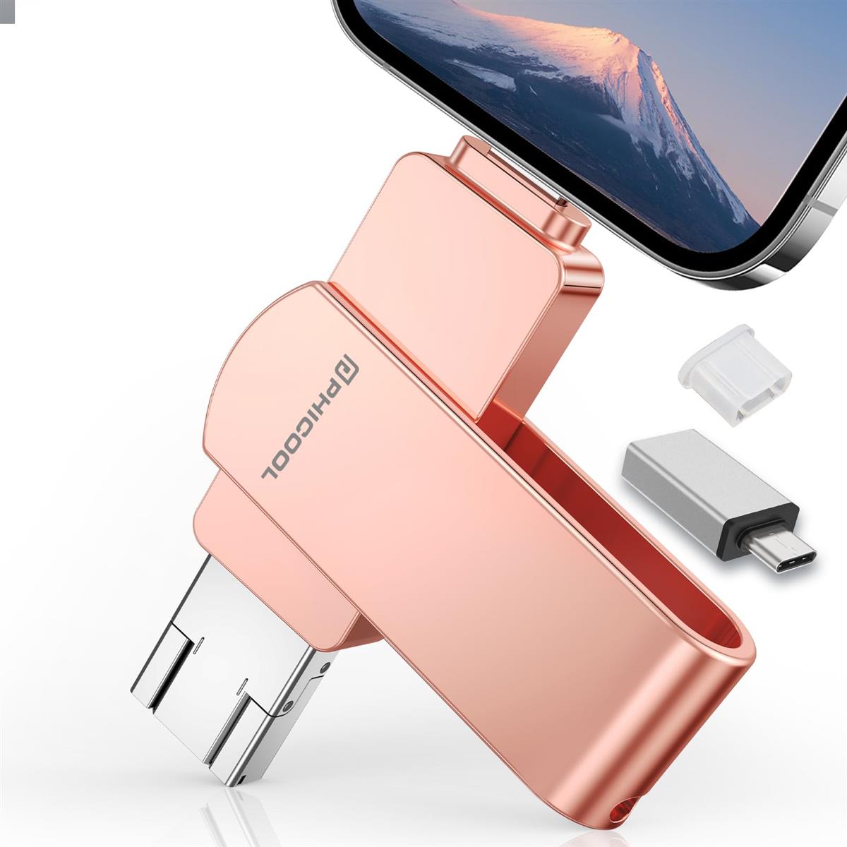 アプリ不要!「256GB」 4in1 phone対応「直結写真即保存」Phone用/Androidスマホ/pad/PCから 直接 usb に 写真データ保存/移す/バックアップ可能 hdd外付けストレージ 容量不足解消 メモリースティックコンパクト設計 usb メモリ- (ピンク, 256, GB)