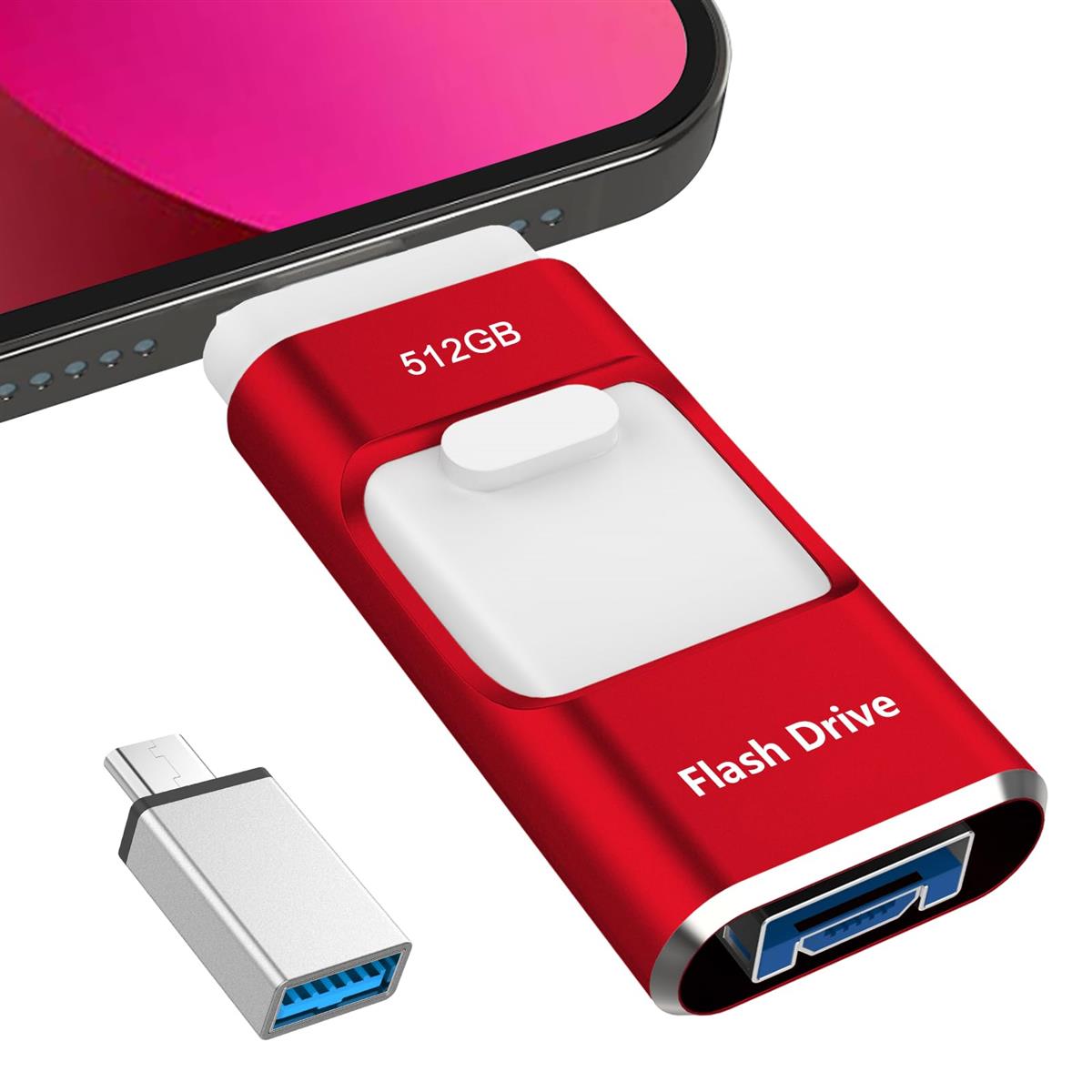 【専用アプリ不要】4in1 Phone対応 USBメモリ512GB 高速 データ バックアップphone写真データ保存iOS/USB/Type-C/Micro USB搭載 大容量 フラッシュメモリ タイプc USBメモリiphone用外付けメモリPhone/Pad/PC/Macbook/Android対応携帯容量不足解消 赤
