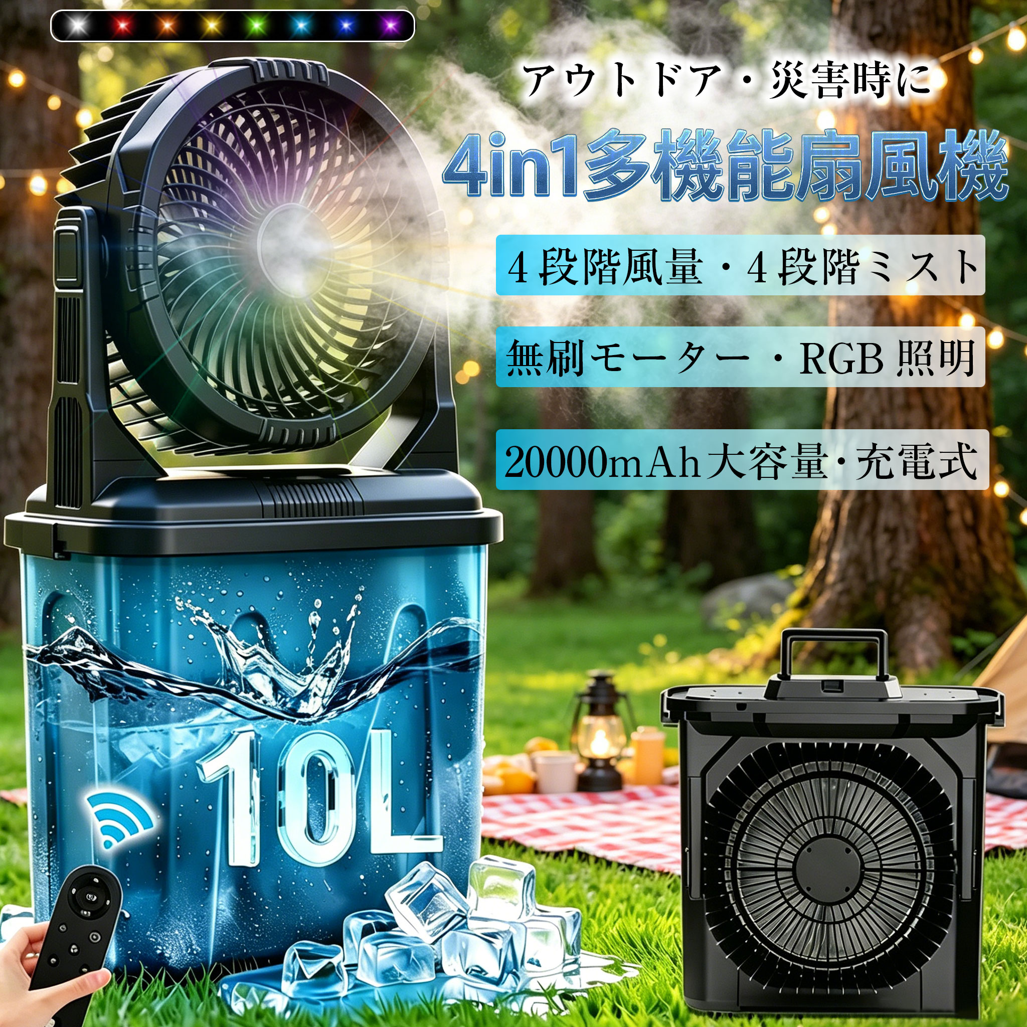 【2026新登場】キャンプ 扇風機 小型 アウトドア ミストファン 10L水タンク 20000mAh大容量 自動首振り 風量4段階調節 4段階ミスト調節 DCモーター 卓上 置き型 吊り下げ コードレス USB充電式 リモコン付き 遠隔操作 LEDライト RGBライト 静音 車中泊 霧吹き 釣り 暑さ対策