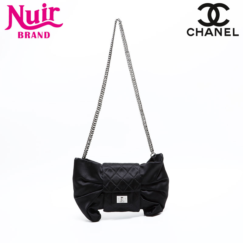 シャネル CHANEL 12番台 2008-2009 サテン チェーン リボン ショルダーバッグ ブラック WS22847 【中古】