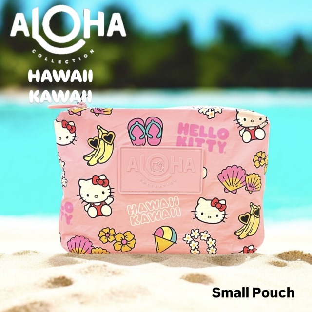 【ALOHA COLLECTION】スモールポーチ Hawaii Kawaii Icons ハローキティ ハワイ かわいい コラボレーション レイ プルメリア シェーブアイス シェル ビーチサンダル ピンク プール ビーチ 撥水 splashproof 防滴 プレゼント 神戸三宮 送料無料 mu|Pua Hawaii