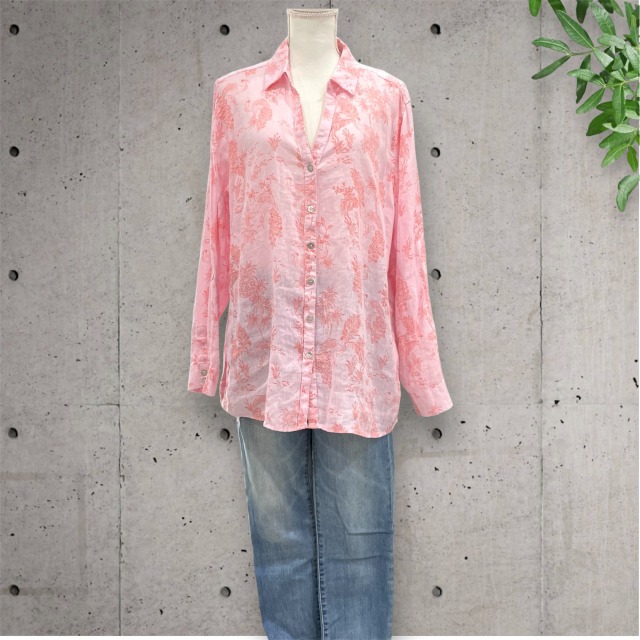【CYNTHIA ROWLEY】US XLサイズ 【オーバーブラウス】リネン100％ ロング ブラウス トロピカル サーモンピンクレディース シャツ インポート HAWAII ハワイ 海外輸入 【送料無料】 mu｜Pua Hawaii