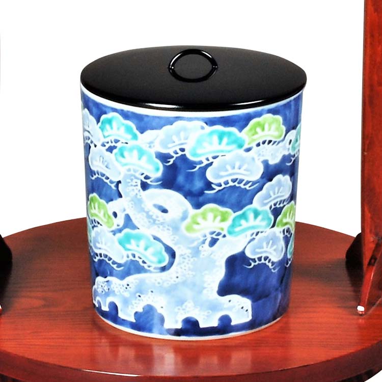水指 彩画 松 林秀峰作 青地 松文様 茶道具 蓋付 雅びやか晴れ晴れしい 炉風炉兼用
