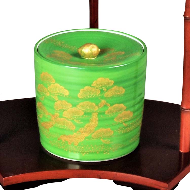水指 鶸釉 松 林秀峰作 緑釉 金彩 茶道具 蓋付 晴れ晴れしい 炉風炉兼用