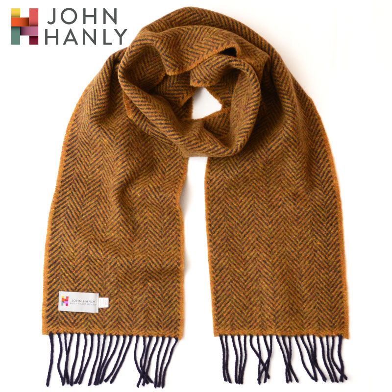 JOHN HANLY メリノウール/カシミア マフラー ヘリンボーン織柄 ［5.マスタードイエロー×ネイビー］ メンズ レディース ユニセックス 男女兼用 プレゼントに 宅配便送料無料