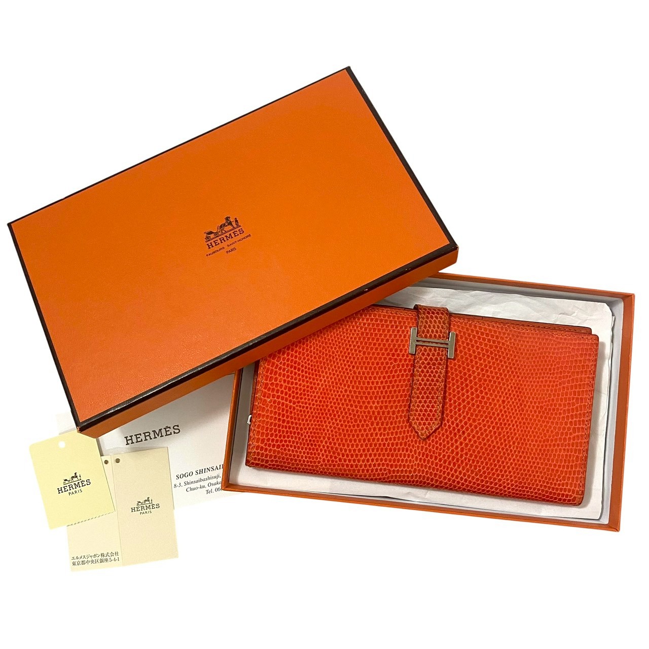 【中古】HERMES エルメス ベアン 古典派音楽 □J目じるし 蜥蜴 オレンジ色 二つ折り 長金入れ ロングウォレット