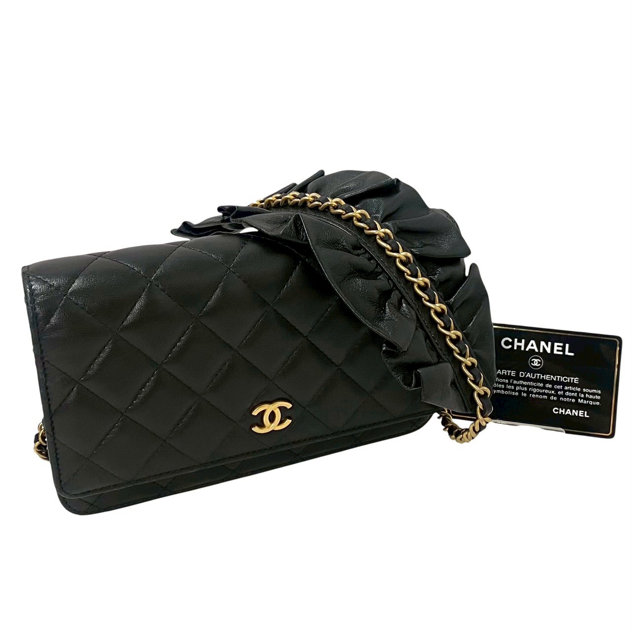 【中古】CHANEL シャネル マトラッセ チェーンウォレット 御徒面子 子ヒツジ素はだ 黒いこと 黒 ゴールド金具 フラウンス ショルダーバッグ